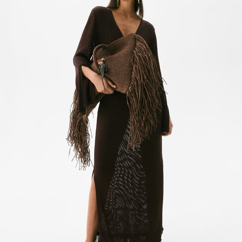 NWT H&M EDITION Dark Brown Fringe Trimmed Kaftan Dress